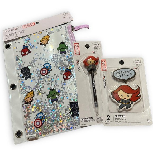 Marvel Other - Marvel Binder Zip Pencil Case Black Widow Squishy Pen Erasers SpiderMan